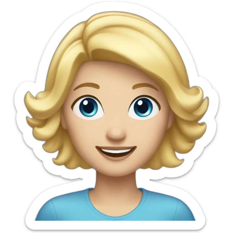 Blonde woman with medium short hair, blue eyes, waving hi to the camera sticker