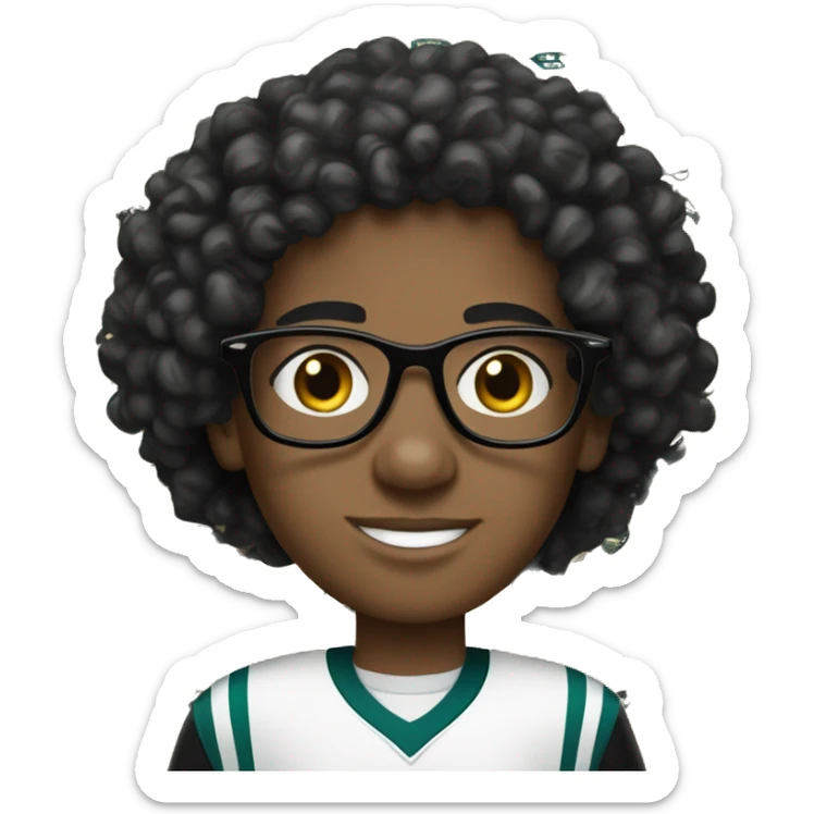 white kid witj black curly hair with white clear glasses  wearing eagles jersey  sticker