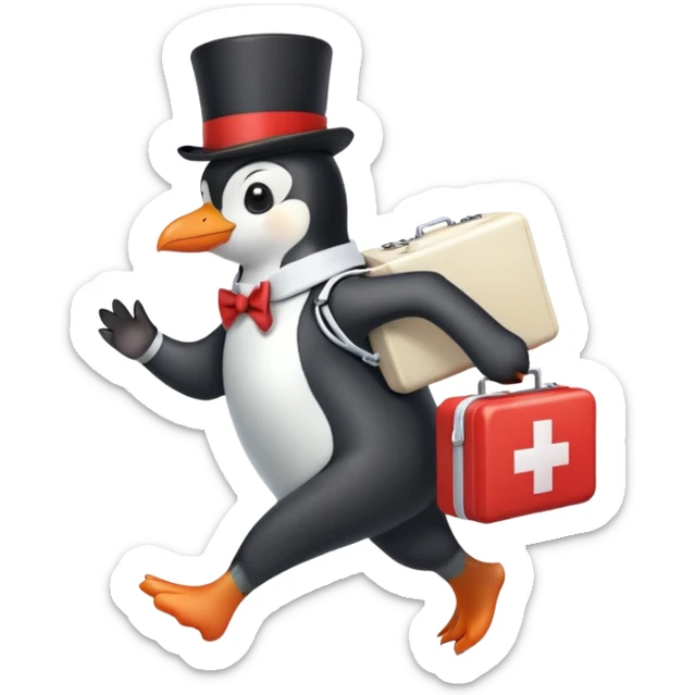 side view of a doctor penguin running with a top hat holding a first aid medical box with a red cross sticker