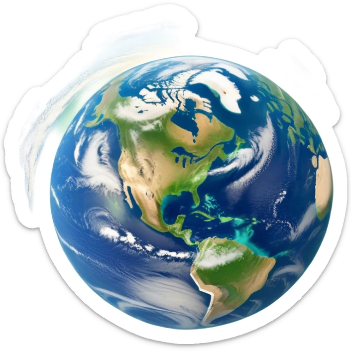 🌍 Cinematic Realistic Earth – A breathtaking, full view of Earth from space, showcasing vivid blue oceans, swirling white clouds, and lush green continents. The curvature of the planet is subtly illuminated by the sun, with a soft atmospheric glow enhancing its life-sustaining beauty. High detail, crisp textures, and realistic lighting bring out the planet's dynamic and ever-changing surface. sticker