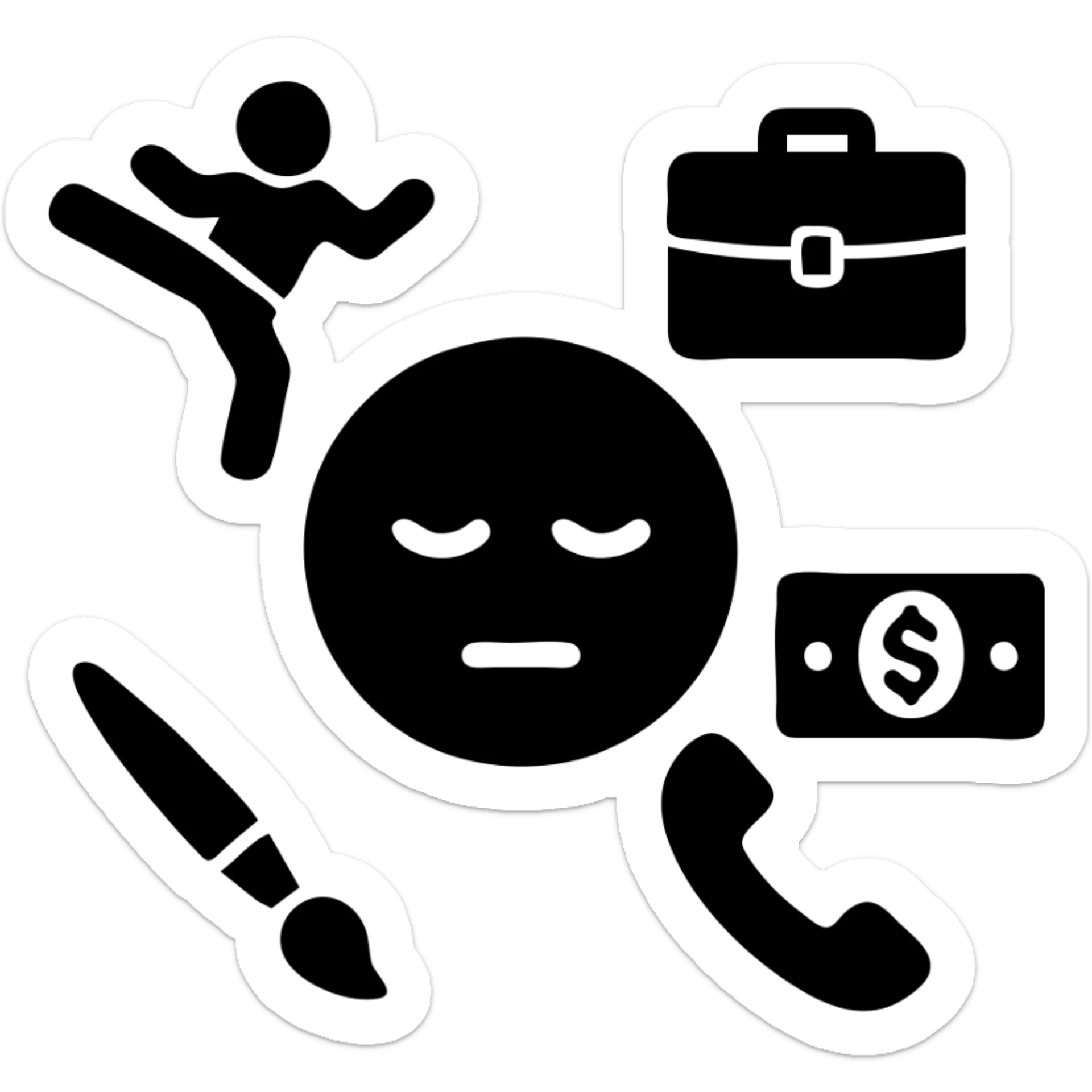 Yellow emoji with karate dogs, a briefcase, money, a phone and a paintbrush flying in its aura sticker