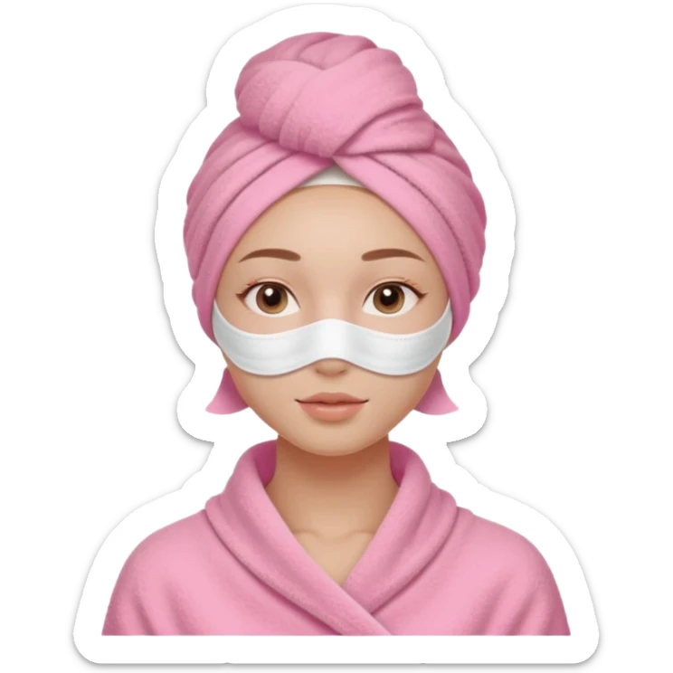 Clean girl influencer character, chest-up portrait, wearing a pink towel wrapped around the head, facial skincare mask on face, relaxed confident expression, soft glow skin, minimal chic aesthetic, subtle beauty accessories, calm self-care vibe sticker