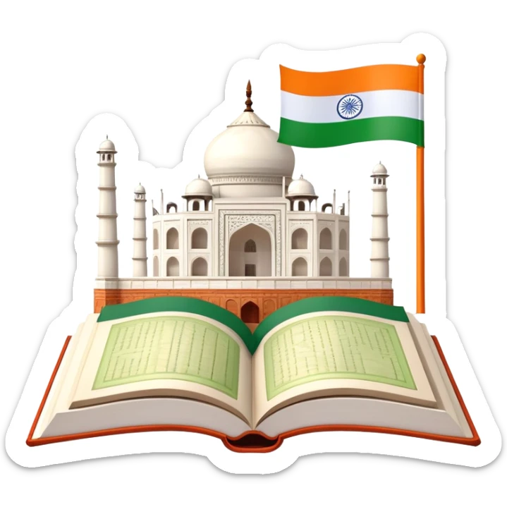 An icon featuring the Taj Mahal and the flag of India, symbolizing the Hindi language. The design includes an open book with hindi text, representing language learning and cultural richness. Transparent background highlights the heritage of India. sticker