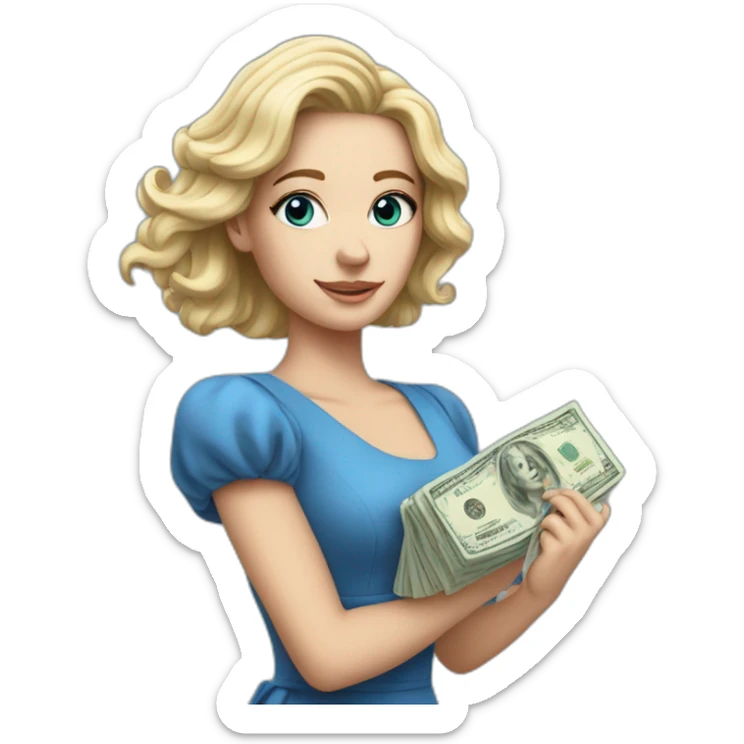 Realistc white girl in a blue dress her hair out holding the money sticker