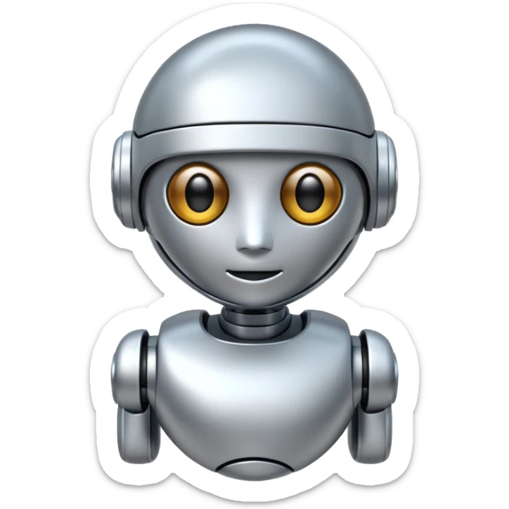 A cute futuristic robot emoji made of silver chrome, rounded friendly body, minimal facial features, glossy metallic surface, soft reflections, iOS emoji style, centered, clean white background sticker