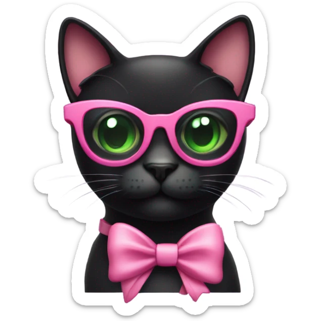 Black Cat with green eyes wearing sunglasses and a pink bow by the ear sticker