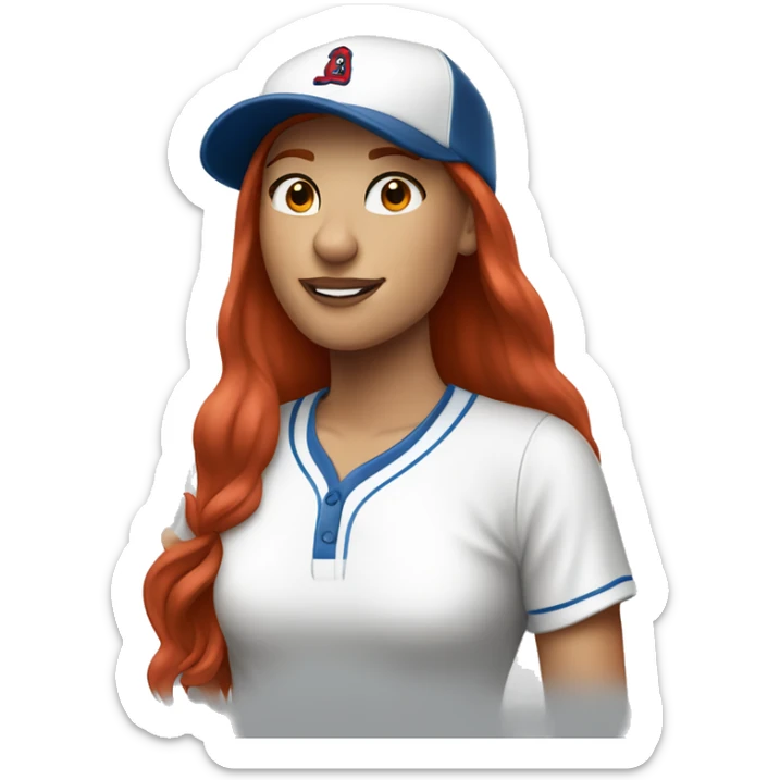 standing up white female coach with long red hair in white t-shirt and with a simple blue baseball hat sticker