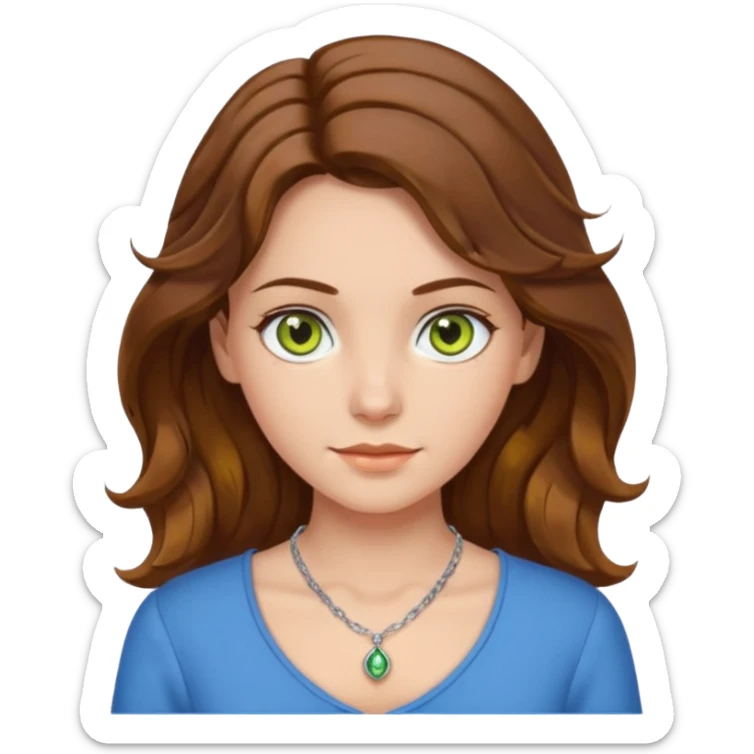 girl with brown, wave, middle hair, green- yellow eyes in white top with blue blouse and selver necklace sticker