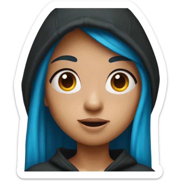 girl with long blue hair in a black hoodie has a surprised face sticker