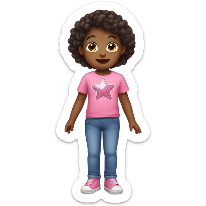 toddler child with dark hair wearing a pink tshirt with a sparkly star and blue jeans with a pink butterfly on the right leg sticker