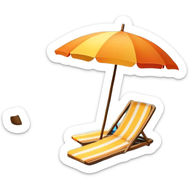 Icon for Beach Tourism: with the blue ocean, orange sunset, yellow sand beach and palm trees in the background, a sun umbrella, flip-flops, and a beach towel on the sand. The icon should represent relaxation and fun at the beach. Transparent background sticker