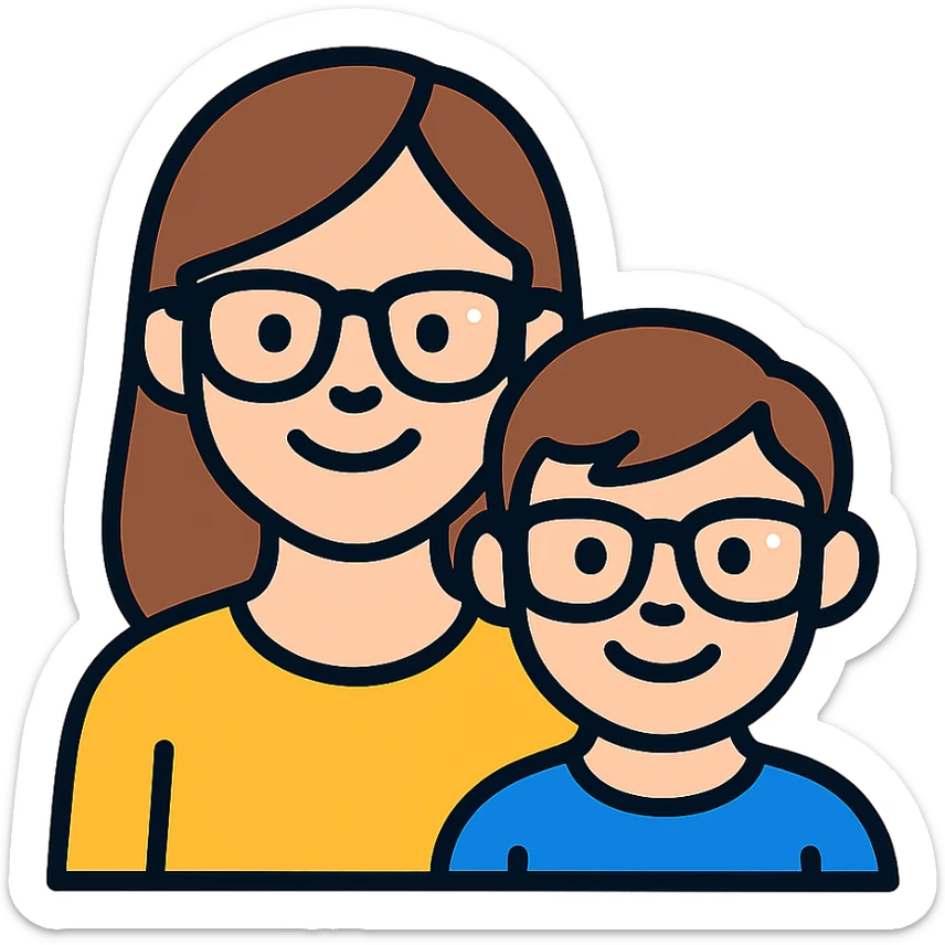 A happy woman with brown hair and a child boy, both wearing Ray-Ban glasses sticker