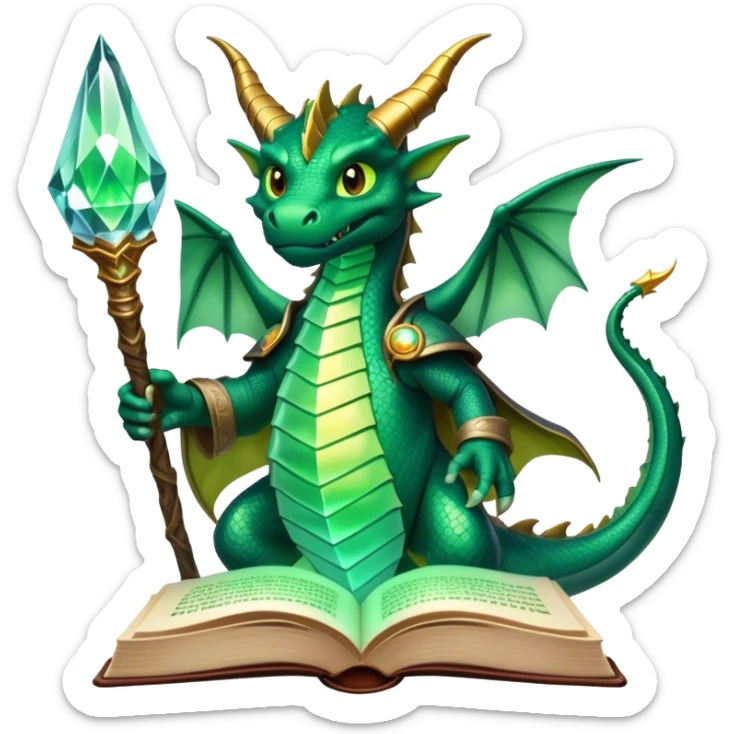 Icon for Fantasy and Sci-Fi Literature: a magical book with glowing pages, surrounded by a dragon, a spaceship, and a wizard with a staff. The icon should capture the adventurous and imaginative world of fantasy and science fiction. Transparent background. sticker