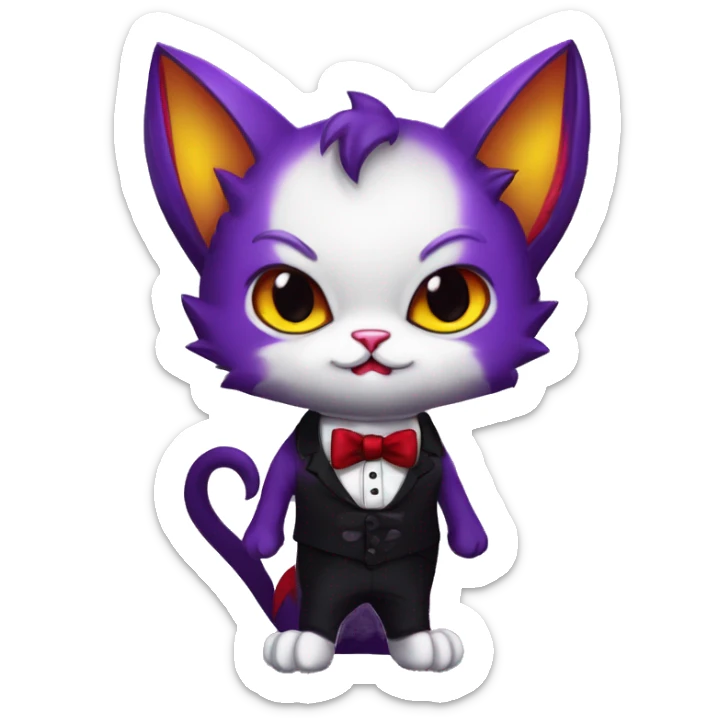 Cute-Evil-Vampiric-Batty-Cat-Black-Purple-Red-Yellow-Contrast-Colors-Fantasy-Fur-Sona-Chibi-Shiny-Fakémon-Hybrid with horns and big fangs neck bow white tie leg spats full body sticker