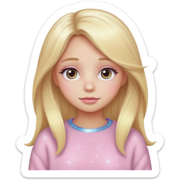 “Emoji girl, pastel pink blush, sparkly wide eyes,  oversized pastel sweater long blonde hair.” sticker