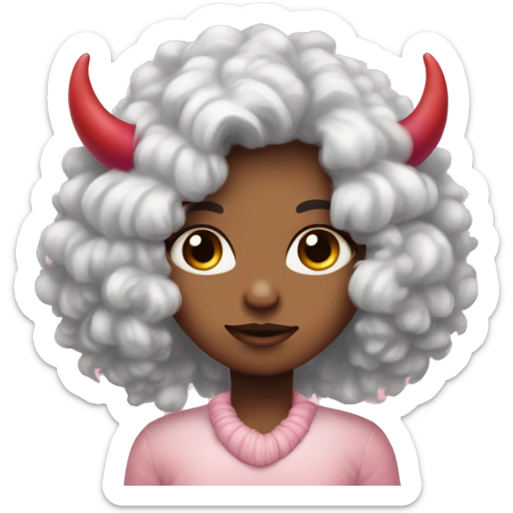 a shy cold cute girl with pik fluffy hair with pink heart eyes and lil red horns sticker