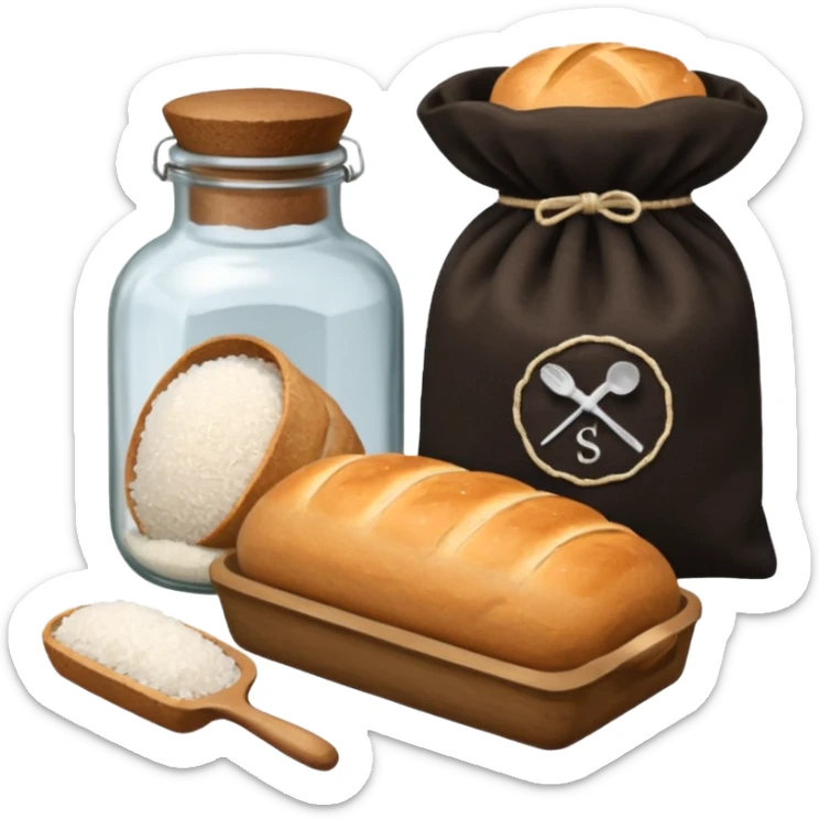  a one victorian bottle of salt and a loaf of bread - a bread bag, crochet needles and a ball of wool sticker