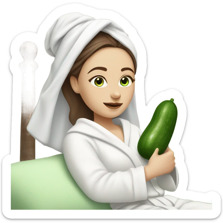 White girl with Brown hair and blue eyes wears a Green colored clay mask and puts on cucumbers around her eyes while She relaxes in her white Robe sticker