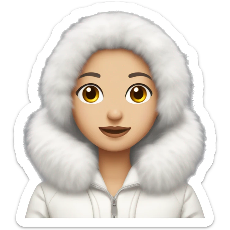 brunette girl with long hair with a light  skin color and light grey eyes wearing fluffy white ear muffs and a white fur coat  sticker