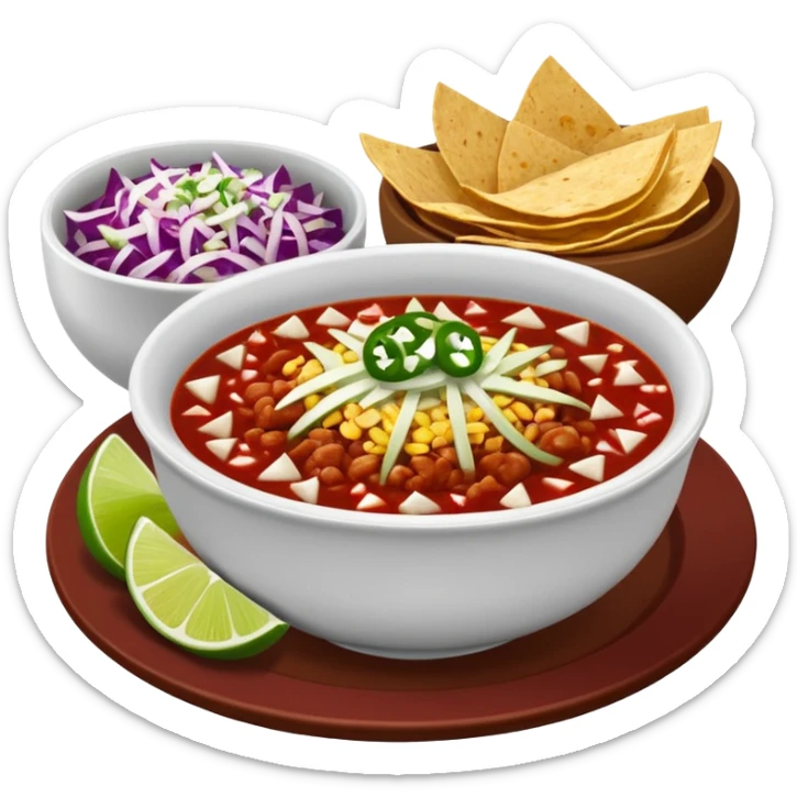 A delicious hot bowl of pozole rojo with sides next to the bowl in separate bowls each: chopped onions, shredded cabbage, lime wedges, red chile de arbol salsa, and full round tostadas sticker