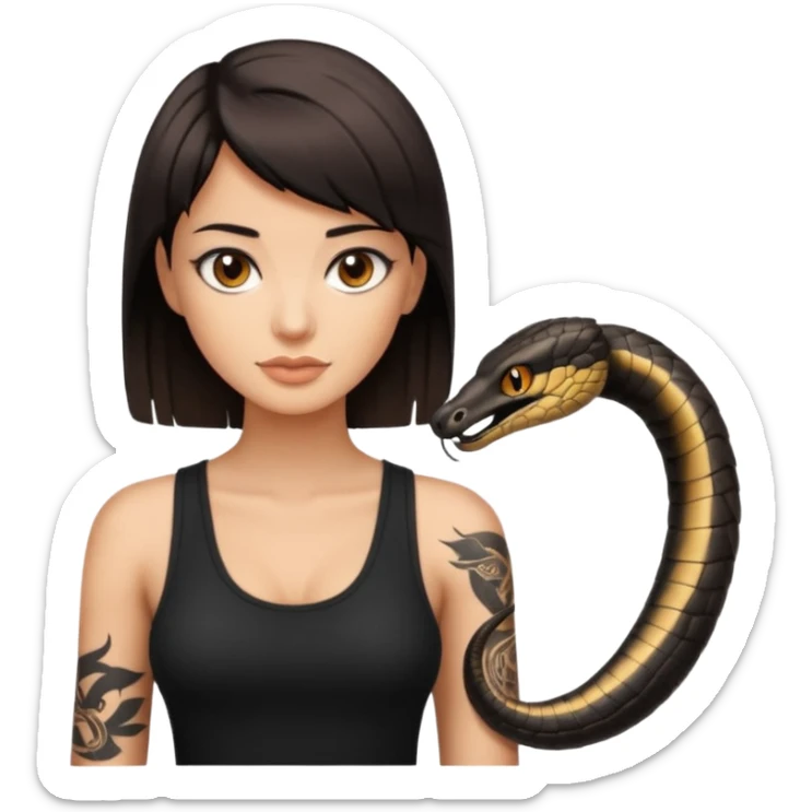 Femme brune yeux marron avec une coupe carré noir qui descend sur l'épaule , femme couleur de peau un peu bronzé mais pas metisse, avec un cobra a côté , débardeur noi , avec un tatouage sur le bras droit sticker