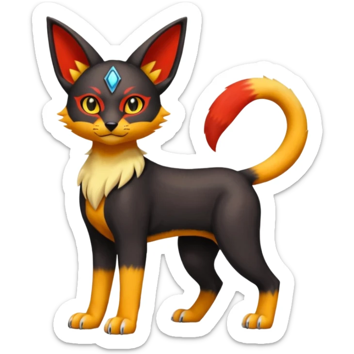 Colorful orange red black yellow Bastet-Umbreon-Gatomon-Vernid-Protogen-Digimon-Fakémon-Pokémon-creature  (full body) sticker