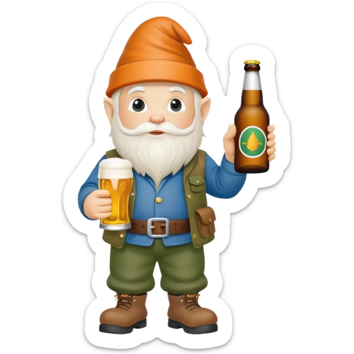 Garden gnome wearing carhartt clothes holding a bottle of beer sticker