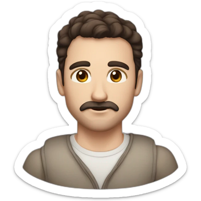A young Caucasian man with dark brown eyes, almond-shaped eyes, short dark brown hair, and a small dark brown beard with a more prominent mustache. sticker