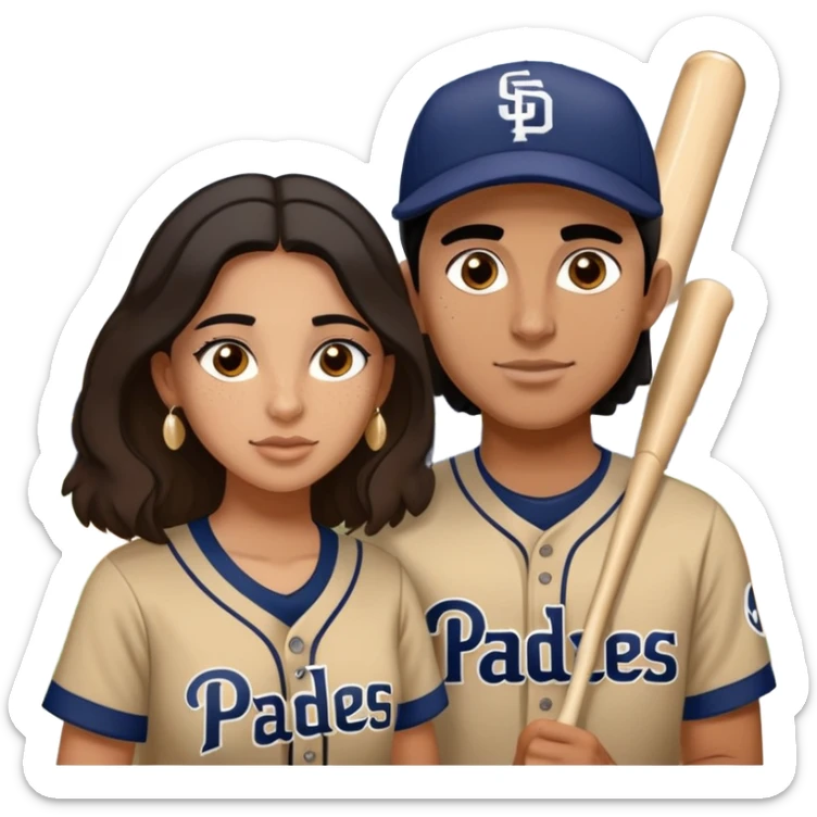 Couple in love in a game. They are girlfriend and boyfriend. Not sibling. Girl has medium cheeks and freckles on the nose. Long light brown hair. The boy has black hair and prominent eyebrows with egipcian nose. Both are wearing “Los Padres” baseball jerseys and with a sign that says “Go Padres” sticker