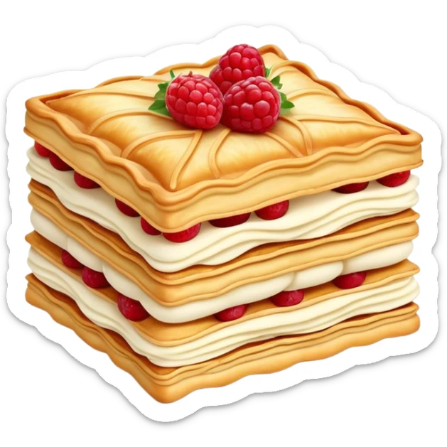 Mille-feuille Cinematic Realistic Mille-Feuille Dessert Emoji, depicted as a delicate pastry composed of two crisp layers of puff pastry with a rich cream filling, rendered with intricate textures and elegant, soft lighting. sticker