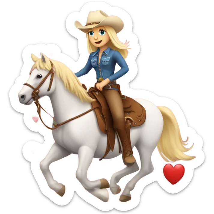 A cowgirl with blonde hair riding a horse with hearts around them sticker