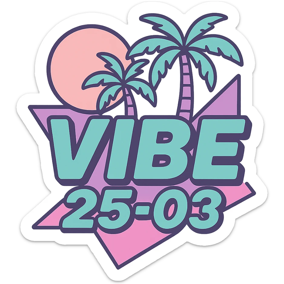 Add Miami Vice retro colors including pastel pink, teal, turquoise, and purple to the VIBE25-03 logo. Maintain the 80's summer vibe with palm trees and geometric shapes. Use a vibrant, stylish palette with a transparent background. sticker