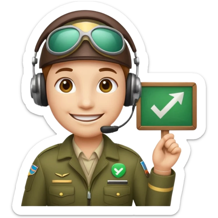 Slack-style emoji of a pilot wearing holding a green board with a white check mark sticker