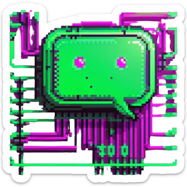 minimalist cartoon emoji of a chat bubble with circuit lines, LLM/AI theme, Matrix-inspired cyberpunk style, three neon green shades with magenta, clean crisp pixel lines, techy sticker look, stroke, futuristic digital feel sticker