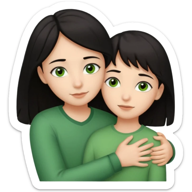 Girl with brown eyes and black hair hugging a boy with green eyes and brown hair sticker