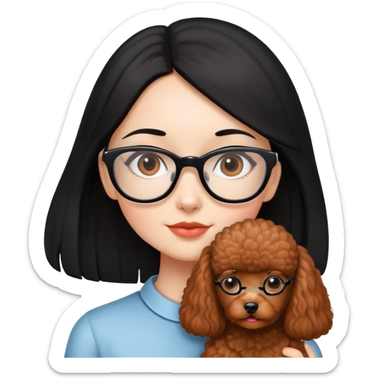 A beautiful girl with glasses with fair skin has long straight black hair with and a miniature reddish-brown Poodle. sticker