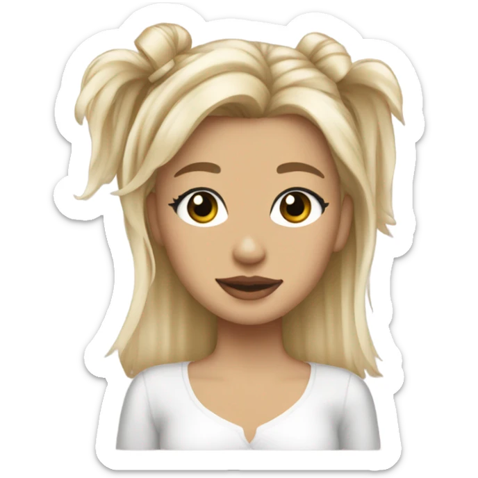  Create a sticker of a blonde girl with pearl beige highlights in her hair, holding a slightly messy Yorkie with a little bow. sticker