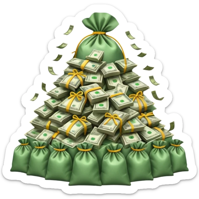 mountain of cash, with bags of money arount sticker