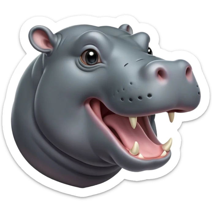 cinematic-noble-yawning hippo-portrait-emoji,-poised-and-regal,-with-a-massive,-robust-build-and-a-smooth,-sleek-slate-gray-hide,-deep-set-soulful-eyes,-simplified-yet-sharp-and-sophisticated-features,-highly-detailed,-glowing-with-a-soft radiance sticker