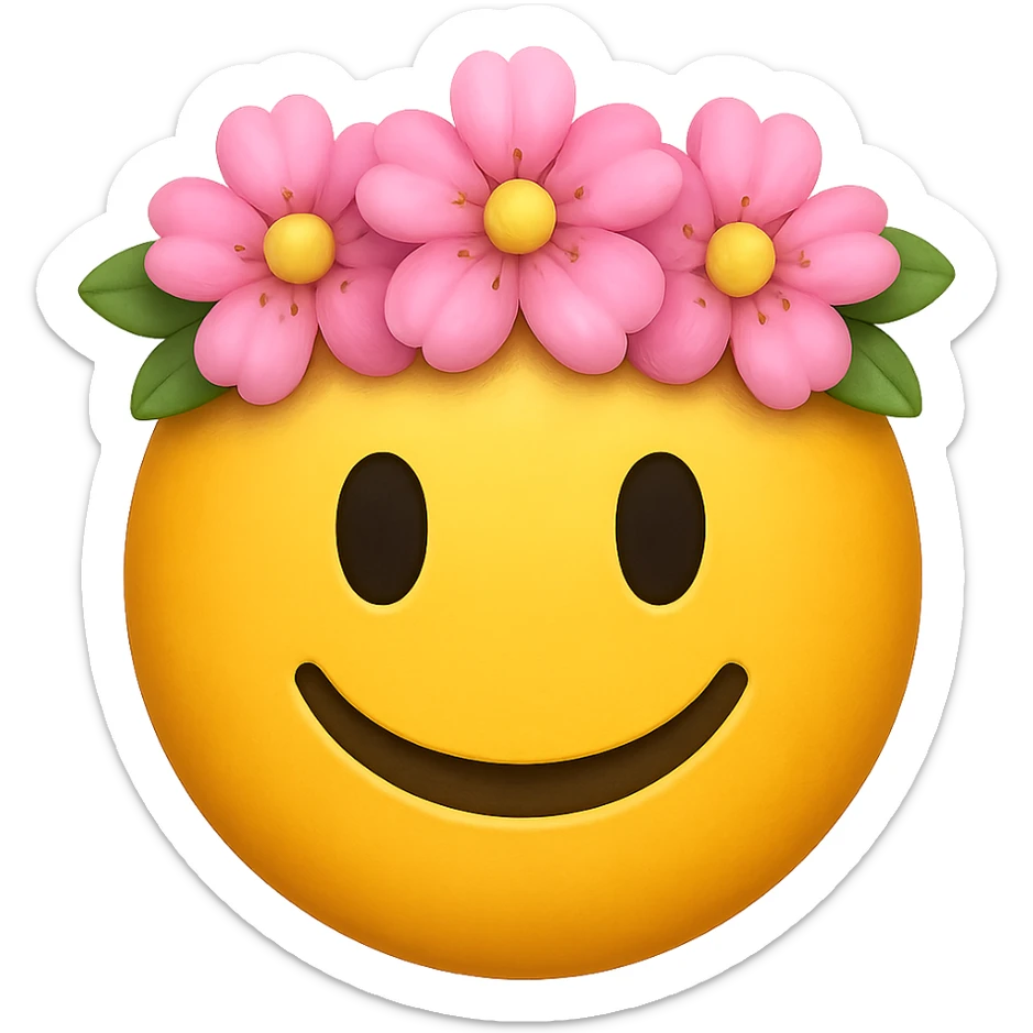 yellow face with pink flower crown emoji, digital illustration, remove background sticker