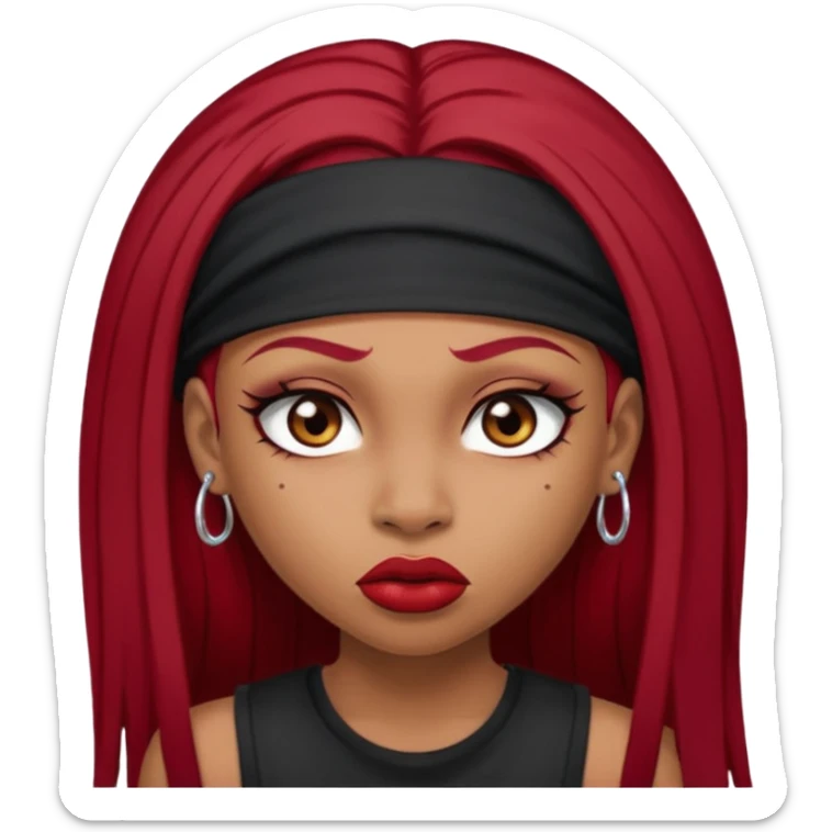 light-skinned black girl with very long eyelashes with long strait dark red hair with edges wearing a black top with no sleeves. and a red accessory on her head with nose and mouth piercings and is a baddie and looks like a bad girl. sticker