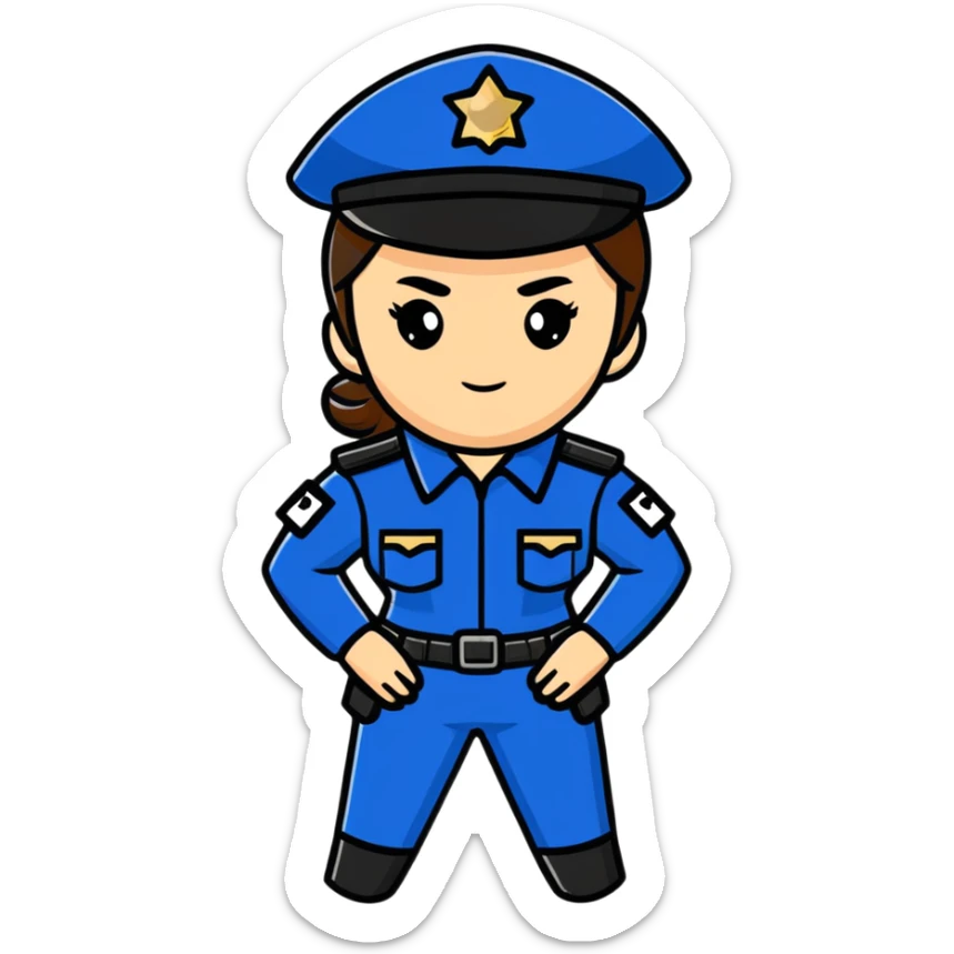 Female Russian police officer in uniform with distinctive police cap, professional look sticker