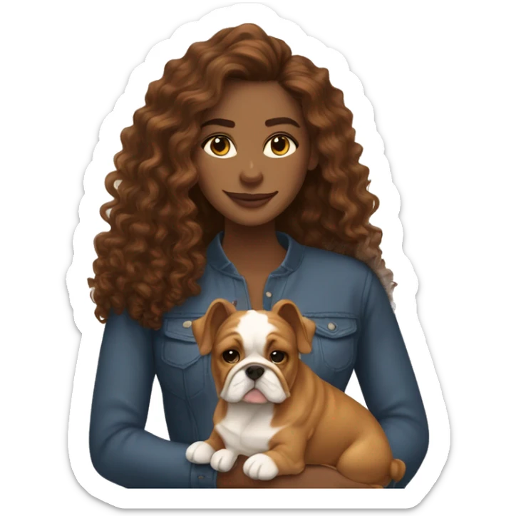Woman with brown long curly hair with her golden yorkie and her English bulldog sticker