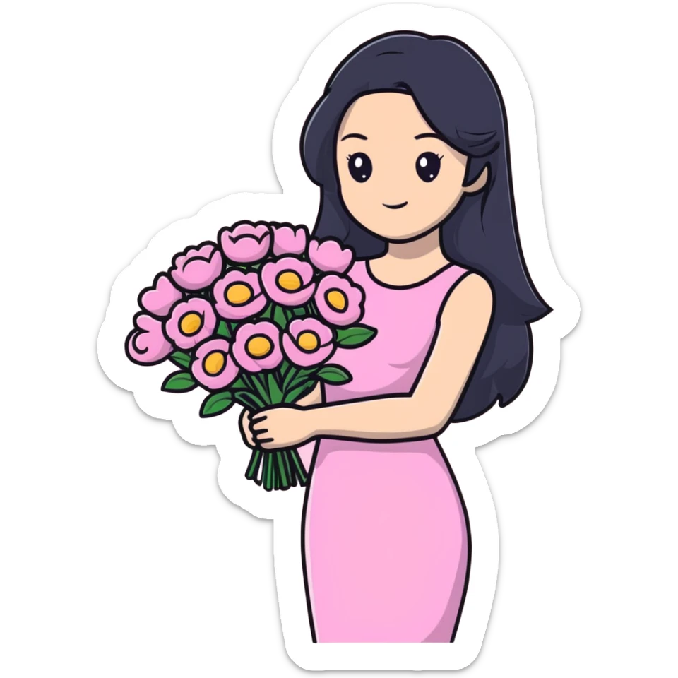 beautiful young woman with long black hair, fair skin, wearing pink dress and holding a bouquet of flowers sticker