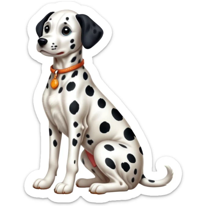cinematic-[dalmatian dog]-realistic-full-body-sitting-emoji,-tail-resting-loosely-beside-its-paws,-head-tilted-dramatically,-sleek-[spotted]-fur,-simplified-yet-realistic-focused-features,-highly-detailed,-glowing-with-an-almost-sarcastic-glow sticker