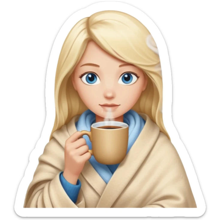 Blonde with blue eyes wrapped up in a cozy blanket with a hot coffee sticker