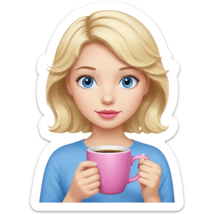 Girl Blonde short wavy hair,  blue eyes, cute blue top, long lashes, pink lips, holding white hot coffee mug sticker