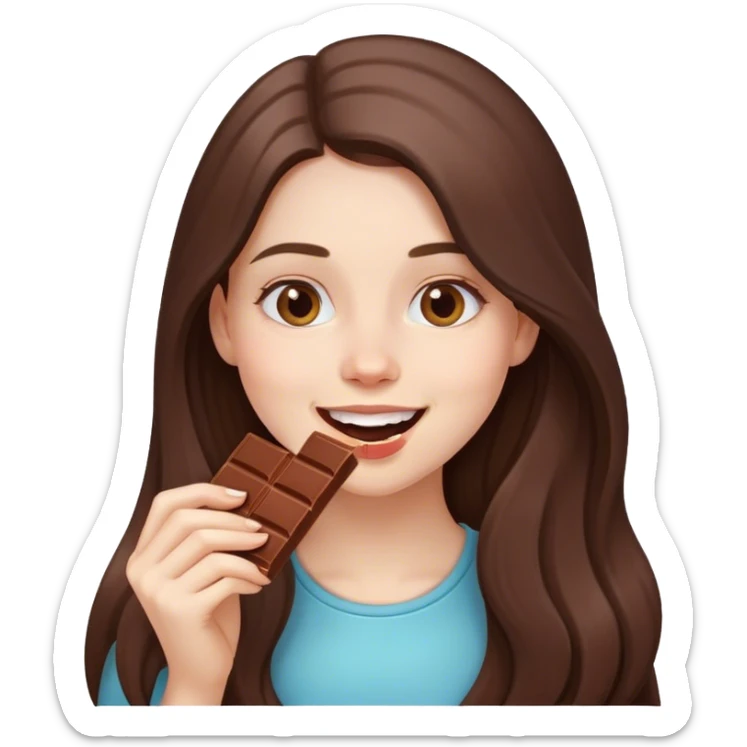 beautiful happy pale brunette girl with long hair eating a bar of chocolate  sticker