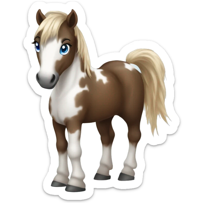 Brown and white spotted pony with blue eyes and black horsehair sticker