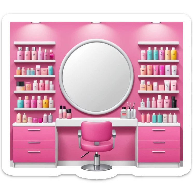 big beauty salon showcase with well-organized brand-labeled beauty products on a white shelves, emoji style, with a nearby hairstylist chair in pink color and a big mirror, adjusted mirror size sticker